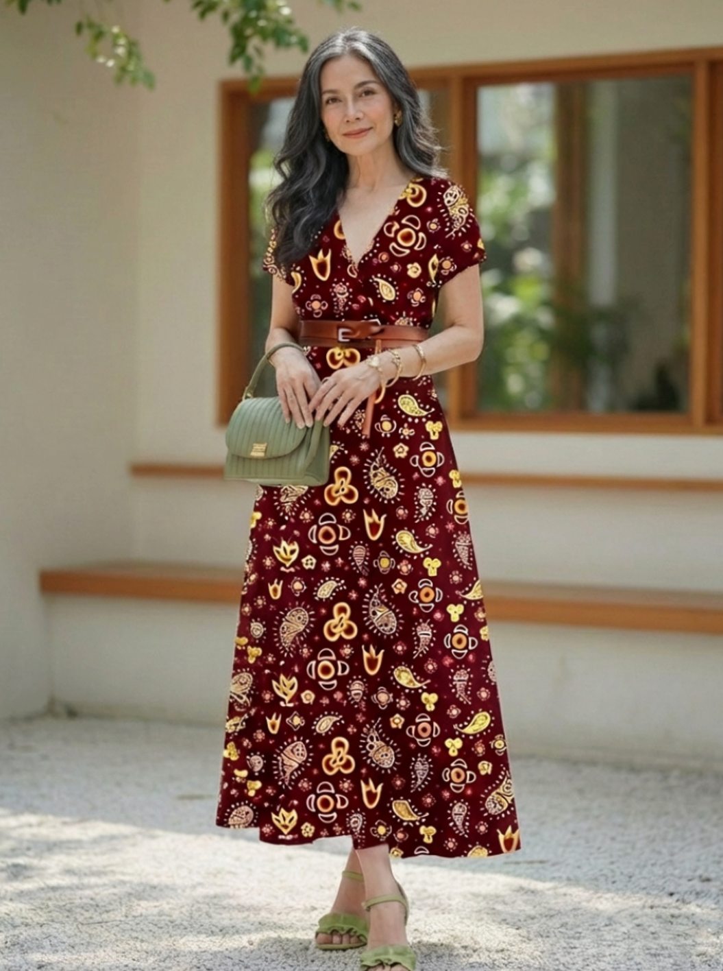 Women's Floral V-Neck Midi Dress Short Sleeve A-Line
