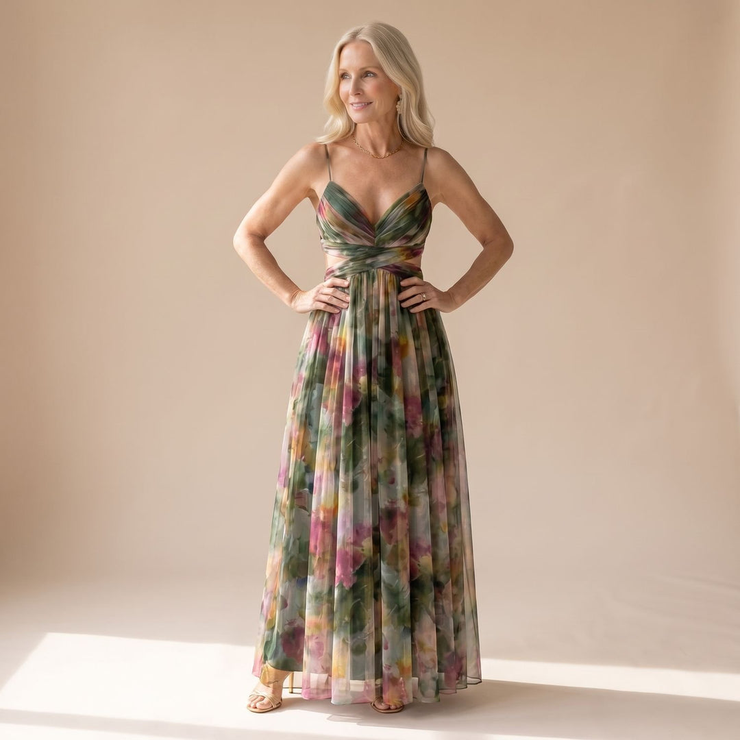 Women's Floral Wrap-Bodice Spaghetti-Strap Maxi Dress - Dark Green