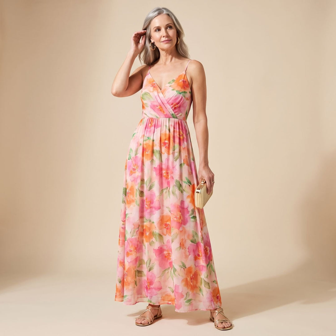 Women's Floral Wrap-Bodice Spaghetti-Strap Maxi Dress