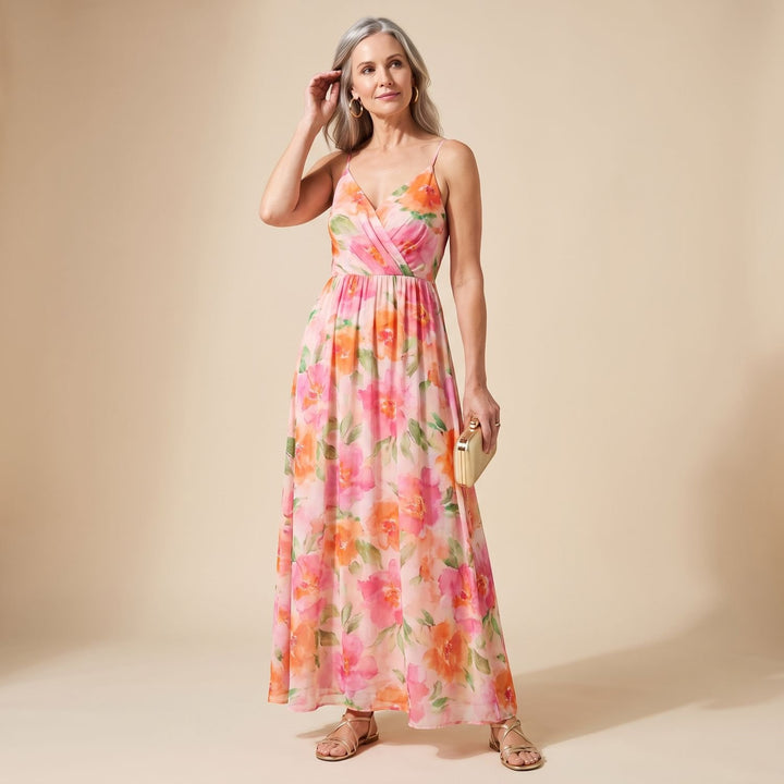Women's Floral Wrap-Bodice Spaghetti-Strap Maxi Dress