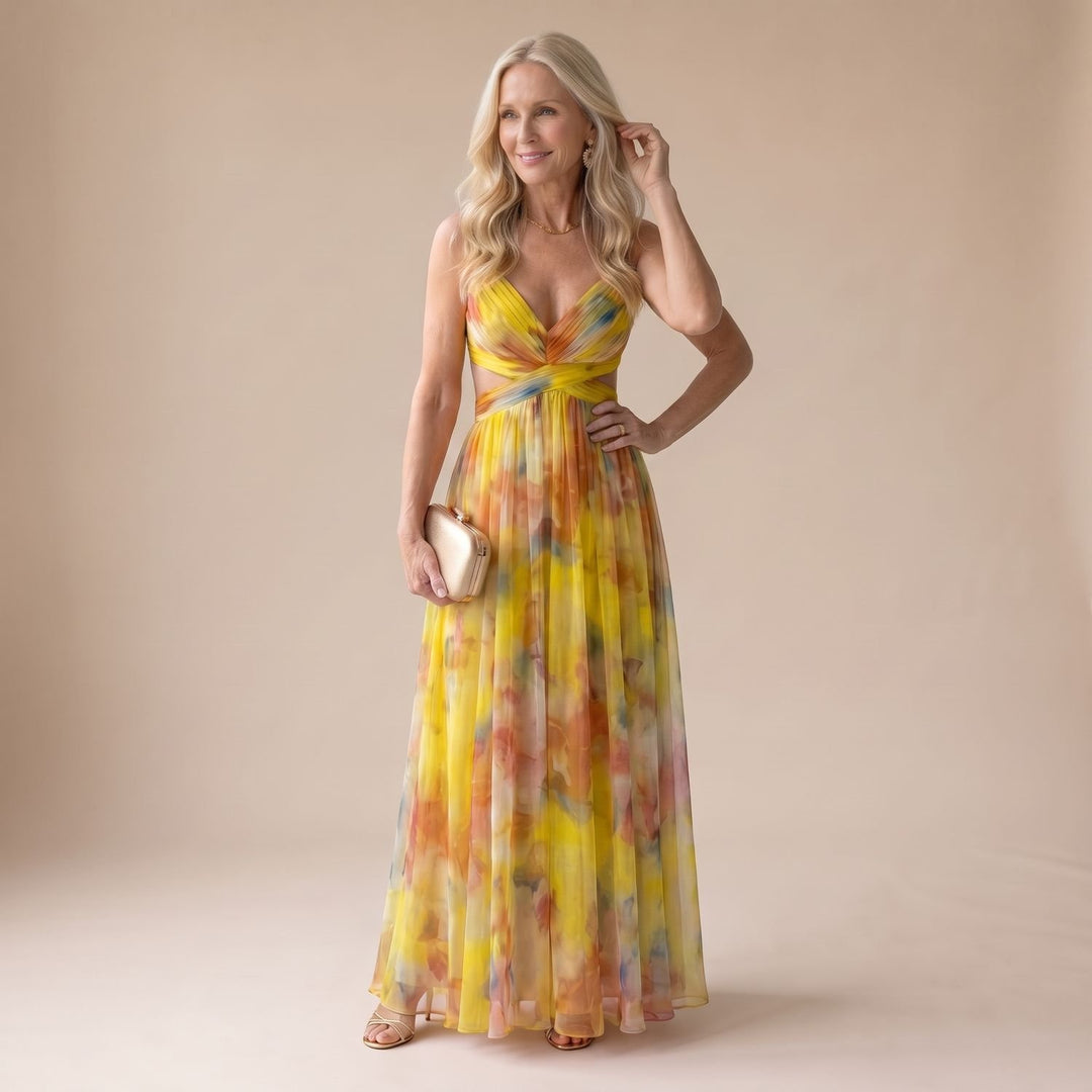 Women's Floral Wrap-Bodice Spaghetti-Strap Maxi Dress - Yellow