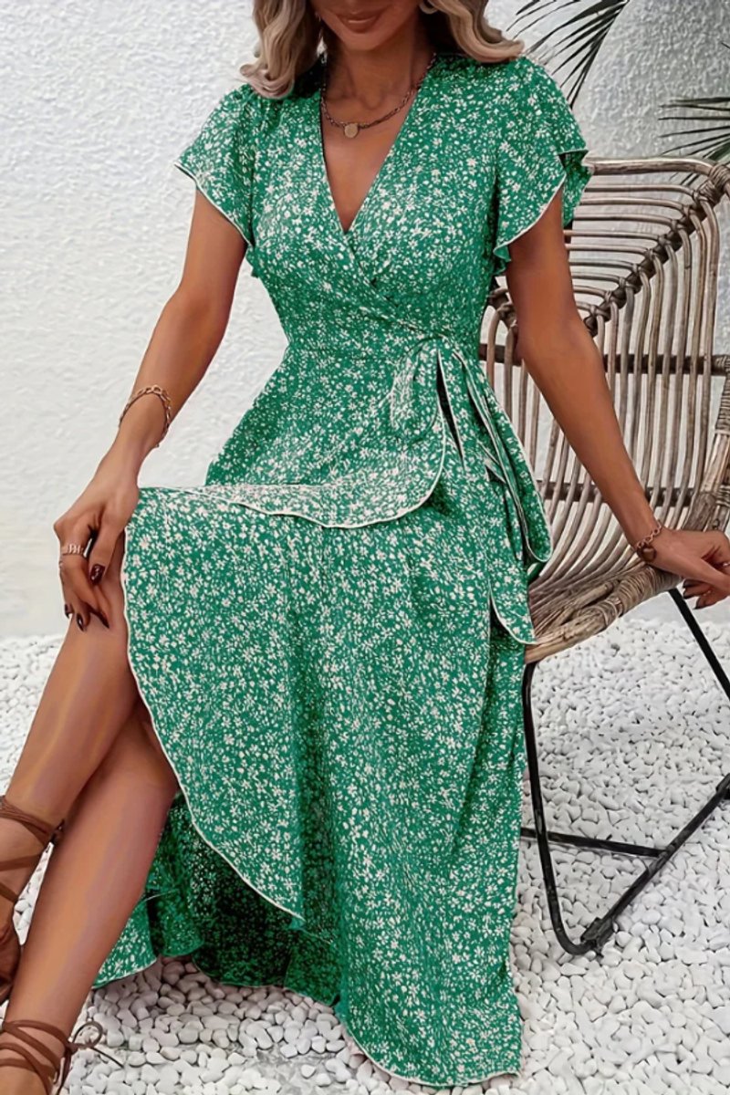 Women's Floral Wrap Midi Evening Gown Short-Sleeve V-Neck Dress - Green