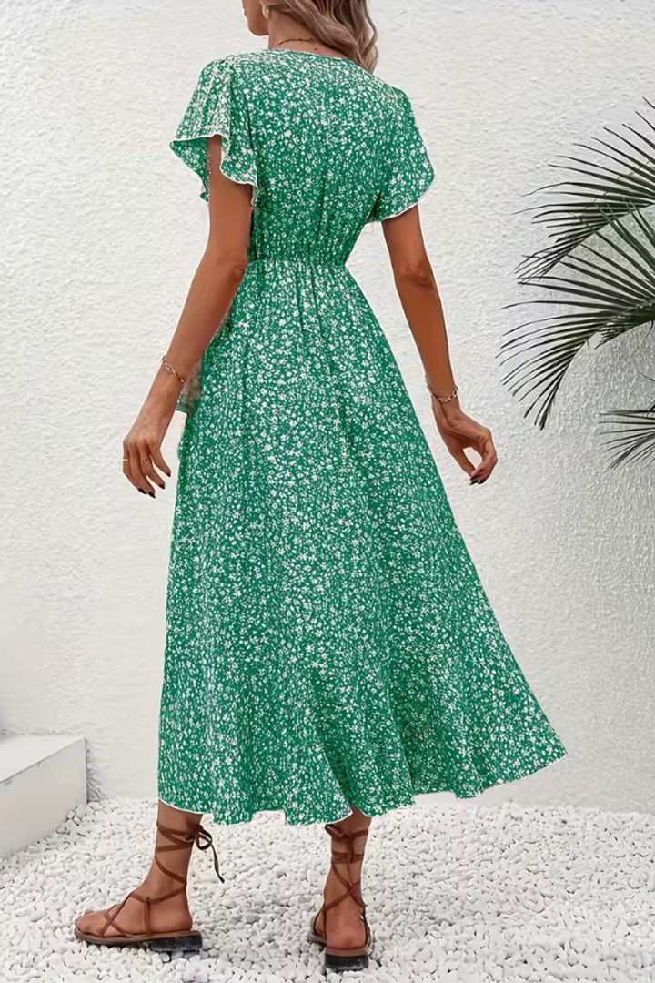 Women's Floral Wrap Midi Evening Gown Short-Sleeve V-Neck Dress