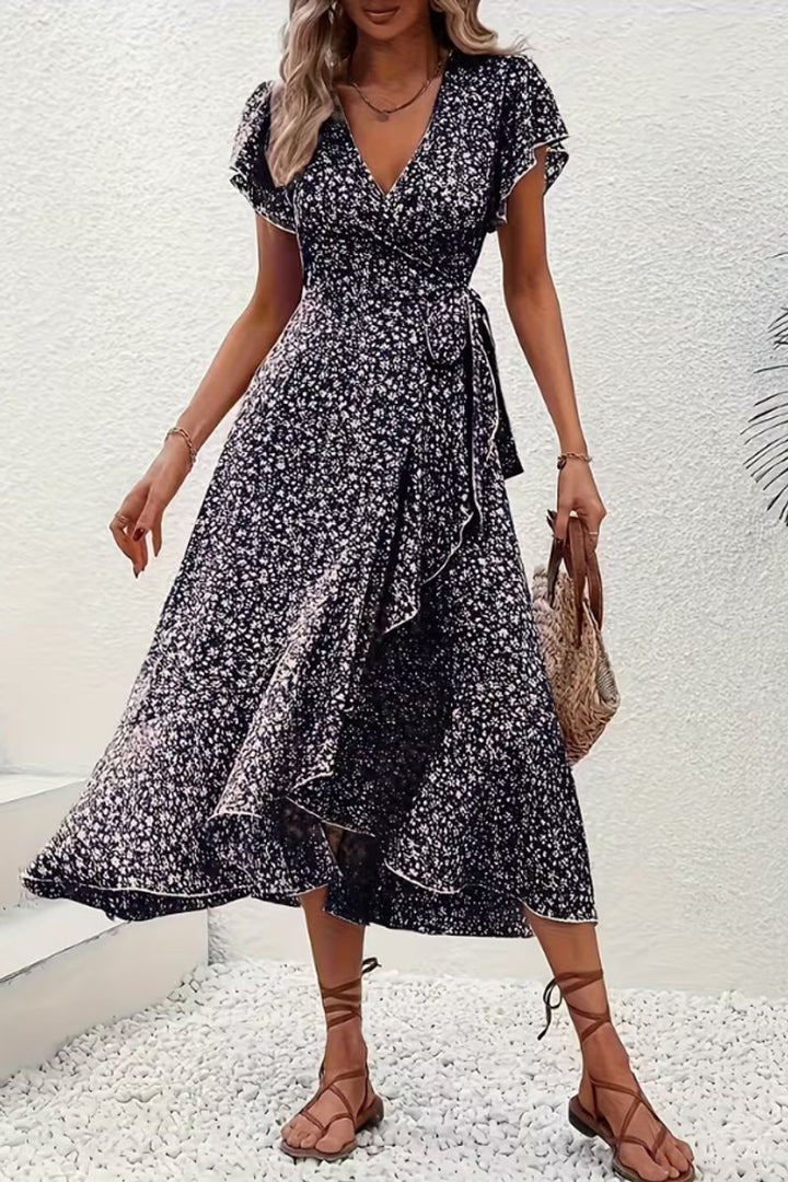 Women's Floral Wrap Midi Evening Gown Short-Sleeve V-Neck Dress