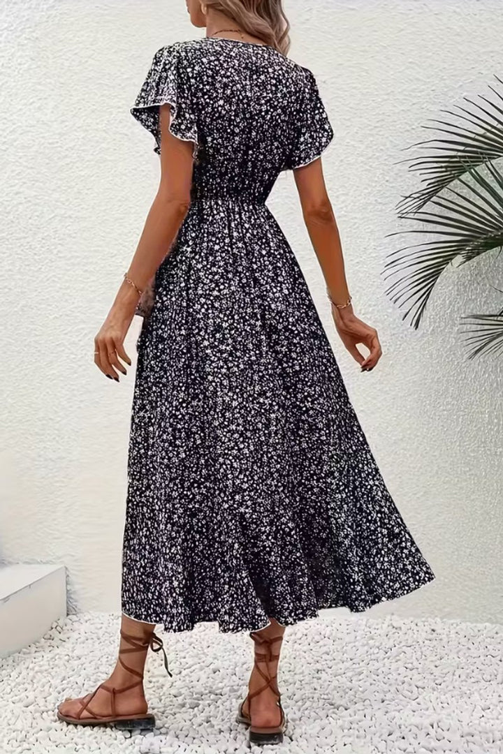 Women's Floral Wrap Midi Evening Gown Short-Sleeve V-Neck Dress