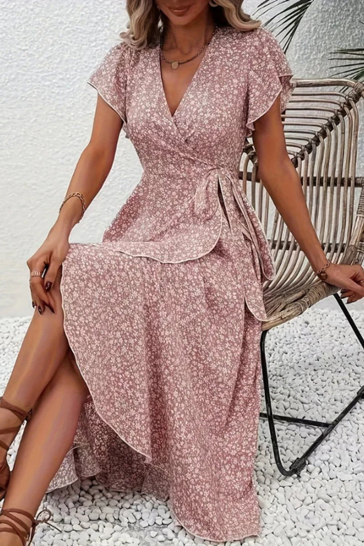 Women's Floral Wrap Midi Evening Gown Short-Sleeve V-Neck Dress - Pink