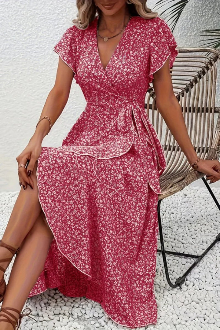 Women's Floral Wrap Midi Evening Gown Short-Sleeve V-Neck Dress - Light Pink
