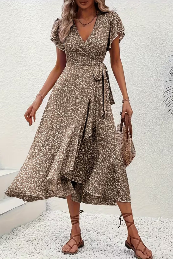 Women's Floral Wrap Midi Evening Gown Short-Sleeve V-Neck Dress