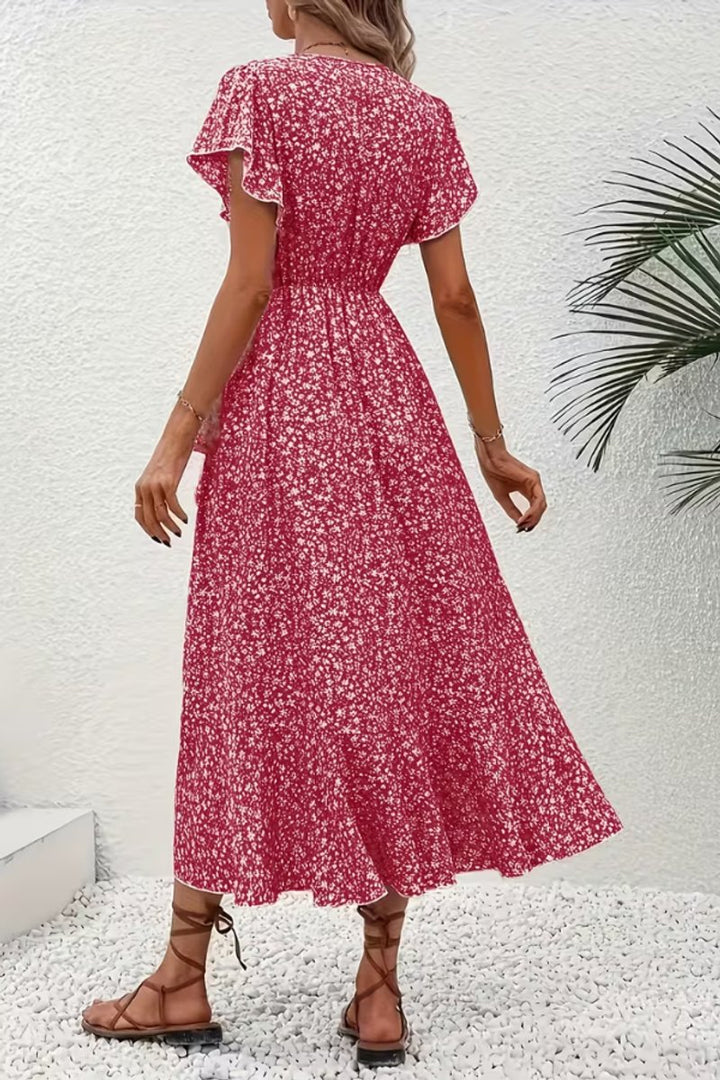 Women's Floral Wrap Midi Evening Gown Short-Sleeve V-Neck Dress