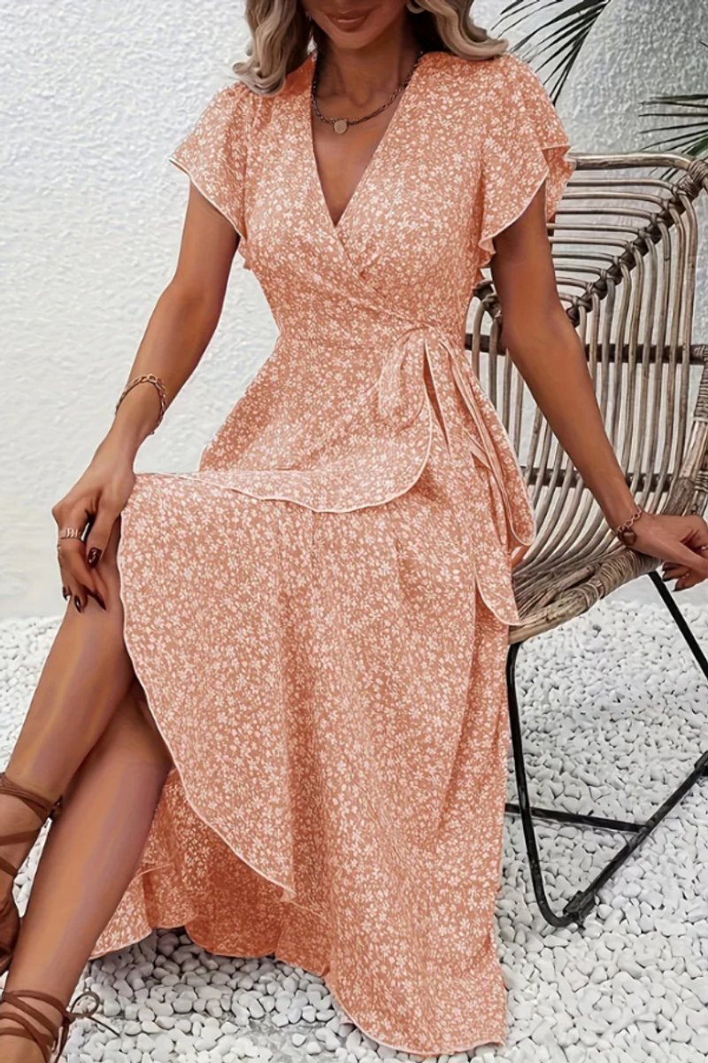 Women's Floral Wrap Midi Evening Gown Short-Sleeve V-Neck Dress - Coral Pink