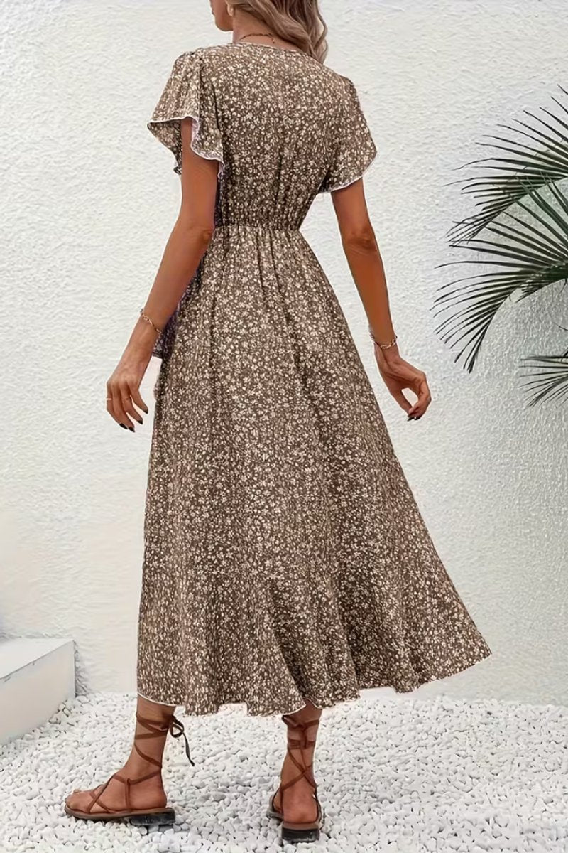 Women's Floral Wrap Midi Evening Gown Short-Sleeve V-Neck Dress