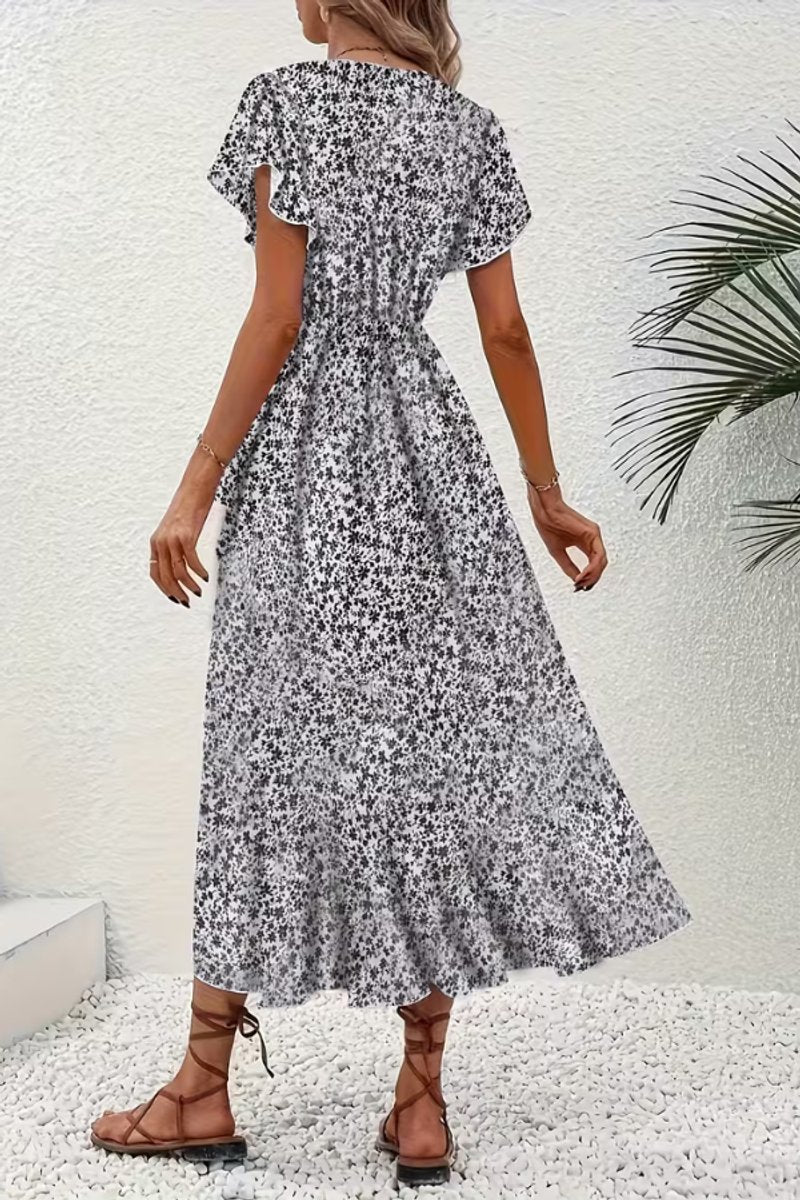 Women's Floral Wrap Midi Evening Gown Short-Sleeve V-Neck Dress