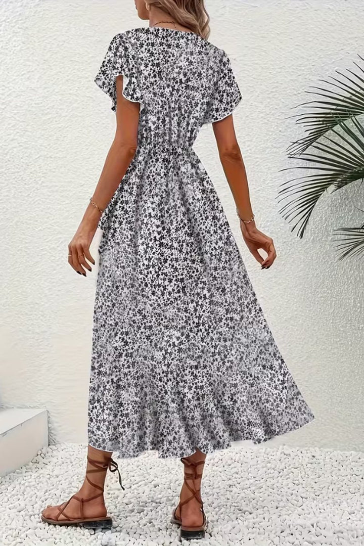 Women's Floral Wrap Midi Evening Gown Short-Sleeve V-Neck Dress