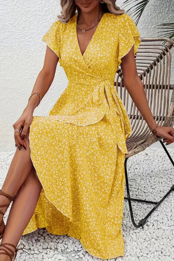 Women's Floral Wrap Midi Evening Gown Short-Sleeve V-Neck Dress - Yellow