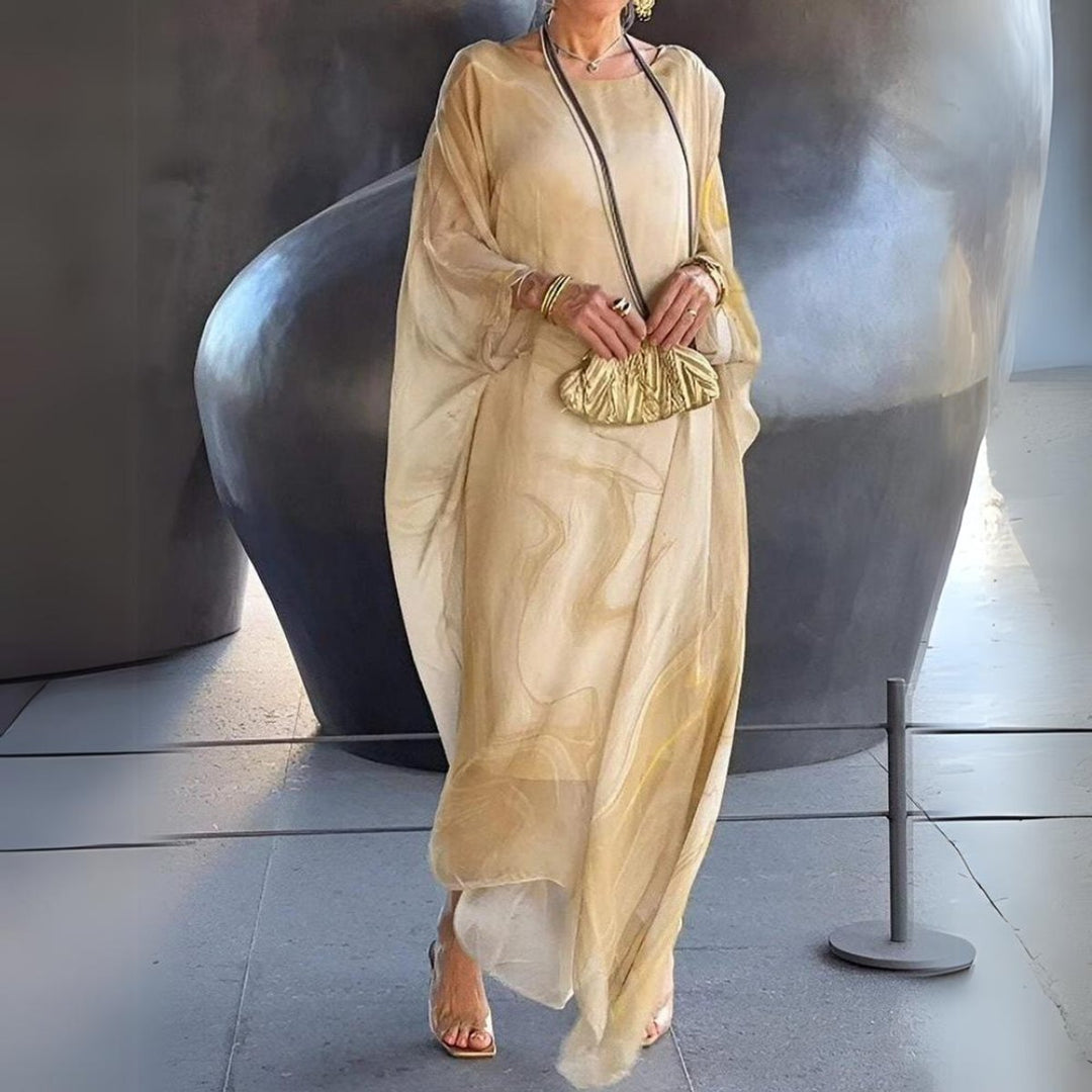 Women's Flowing Batwing Maxi Long Sleeve Dress Round Neck - Yellow