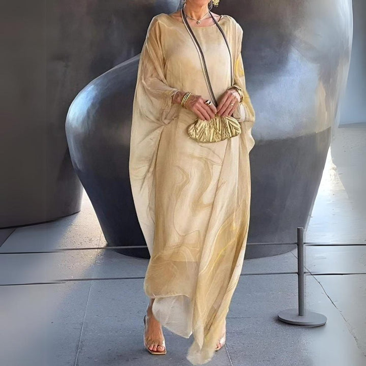 Women's Flowing Batwing Maxi Long Sleeve Dress Round Neck - Yellow