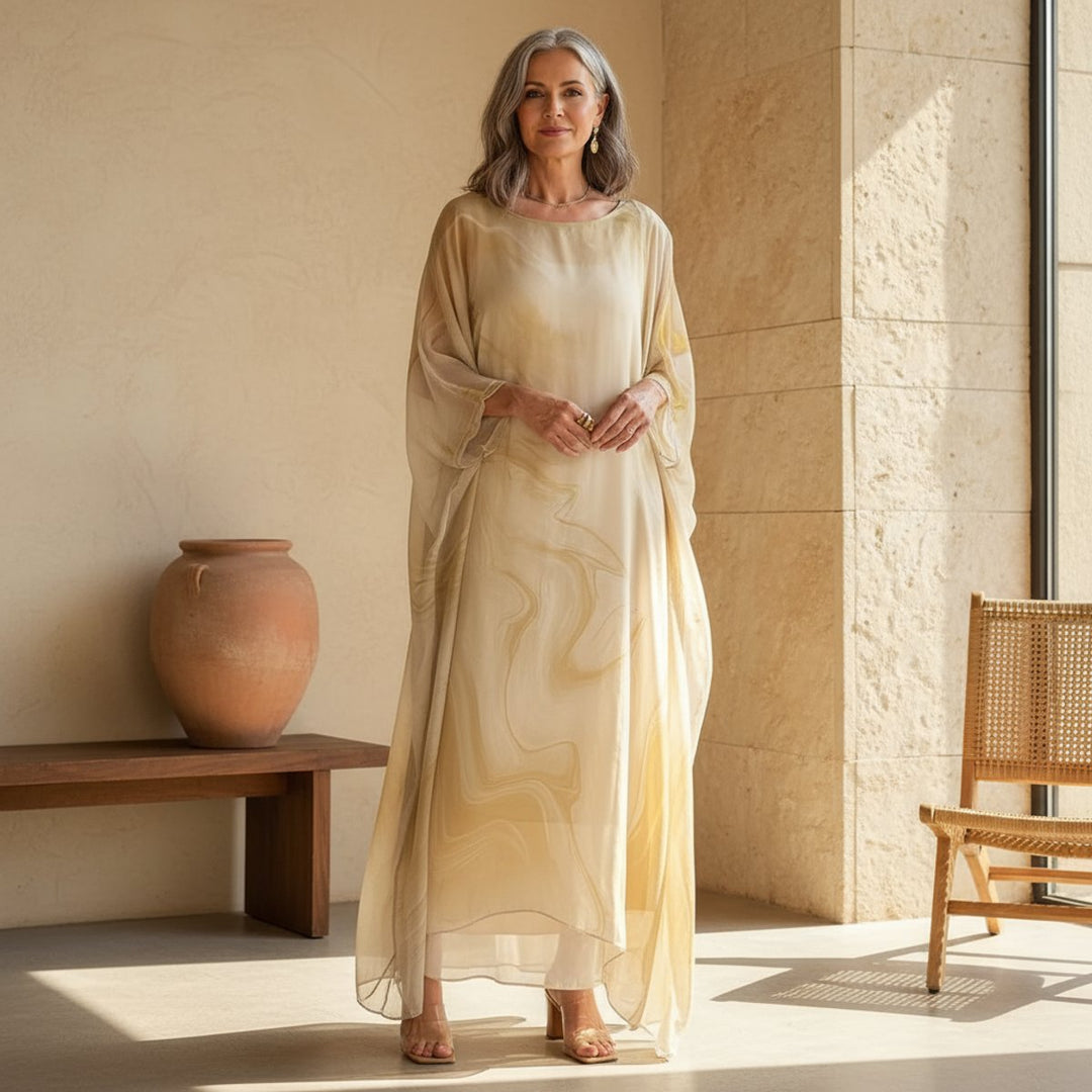Women's Flowing Batwing Maxi Long Sleeve Dress Round Neck