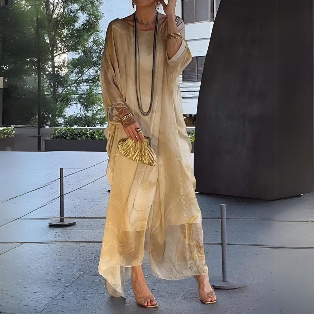 Women's Flowing Batwing Maxi Long Sleeve Dress Round Neck