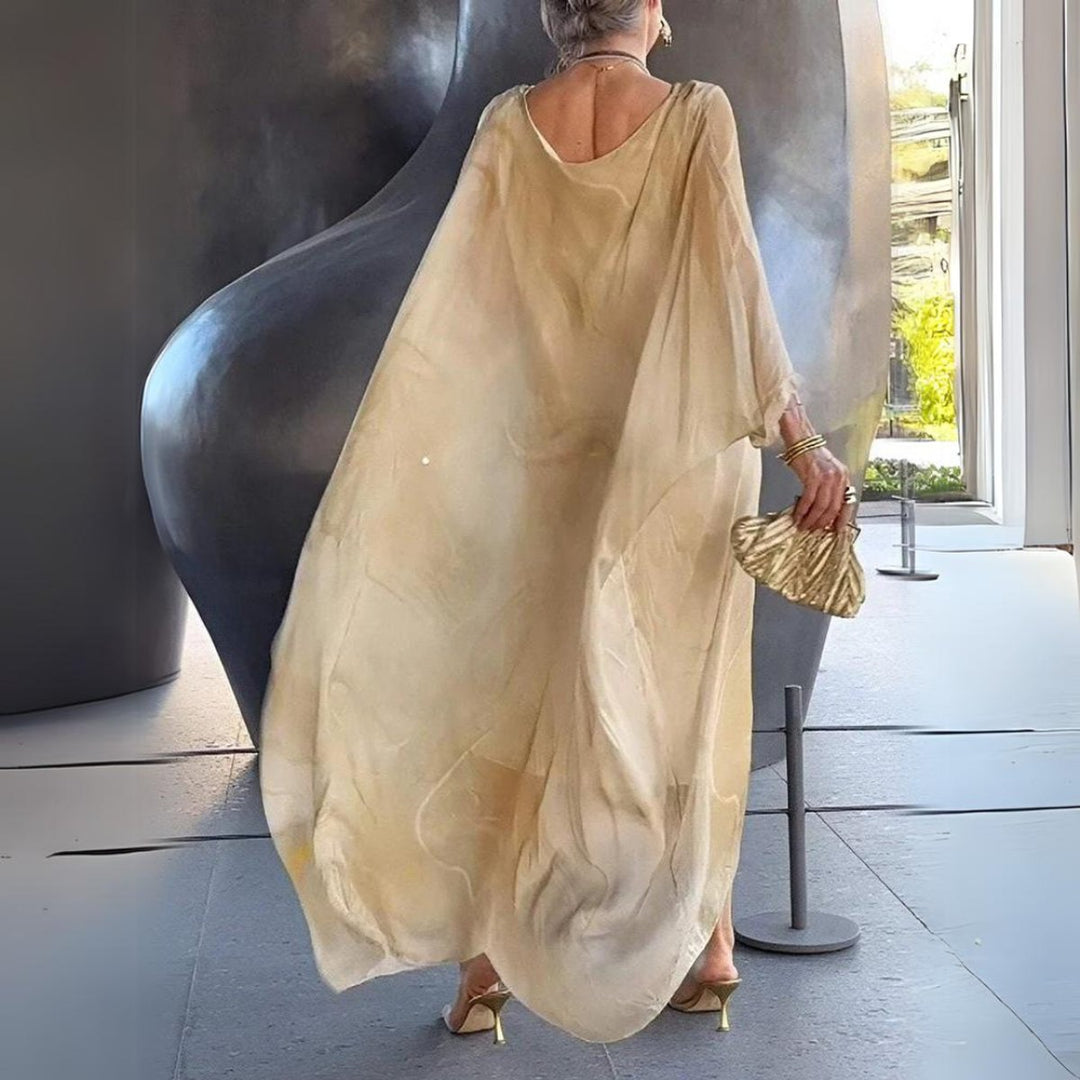 Women's Flowing Batwing Maxi Long Sleeve Dress Round Neck