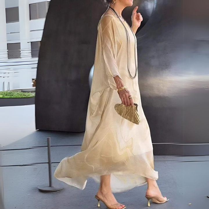 Women's Flowing Batwing Maxi Long Sleeve Dress Round Neck