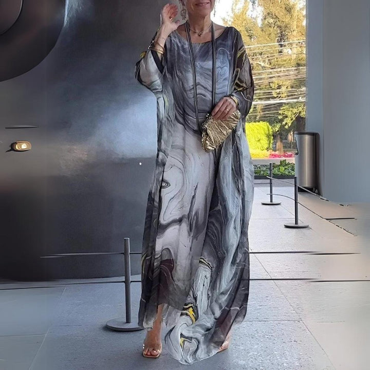 Women's Flowing Batwing Maxi Long Sleeve Dress Round Neck - Gray