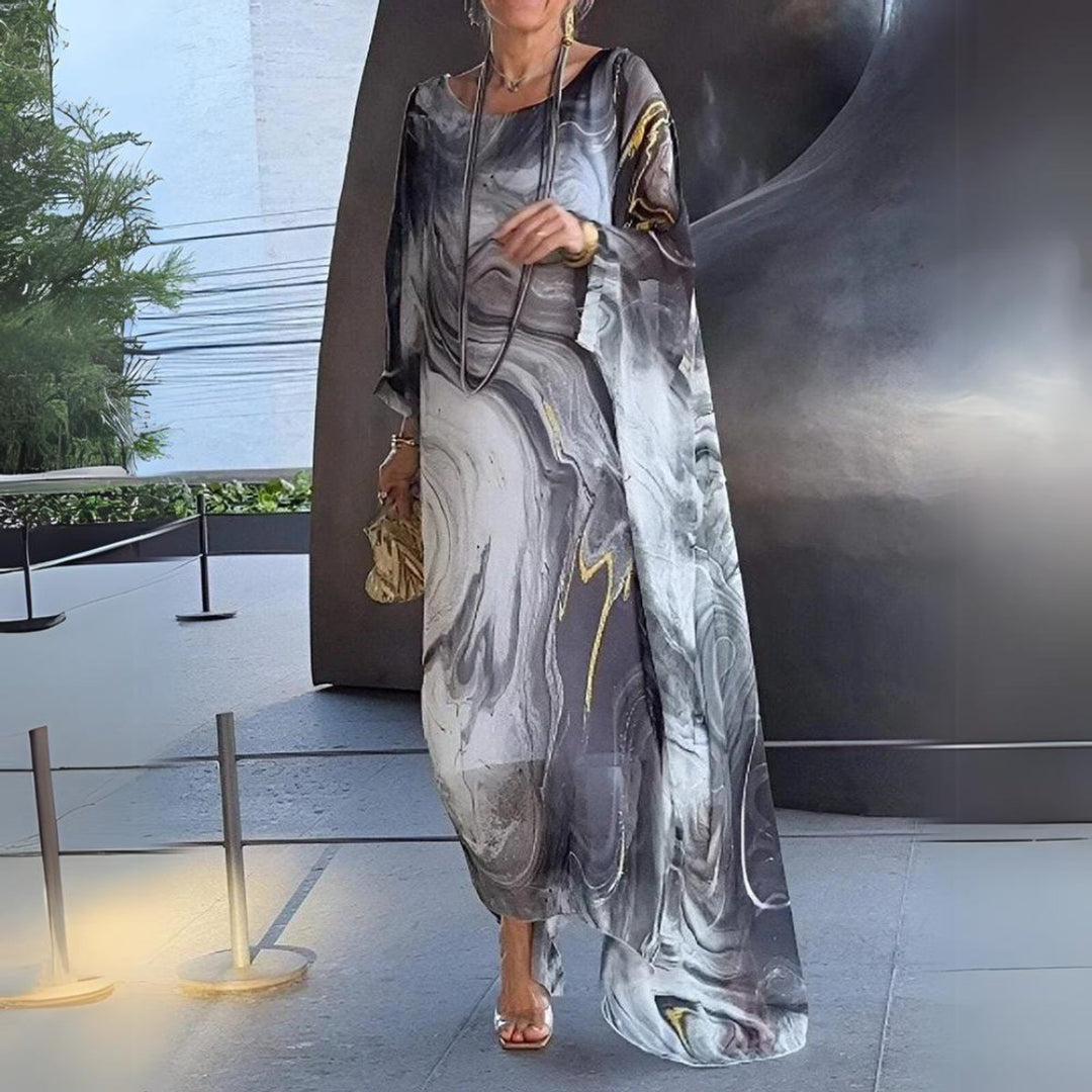 Women's Flowing Batwing Maxi Long Sleeve Dress Round Neck