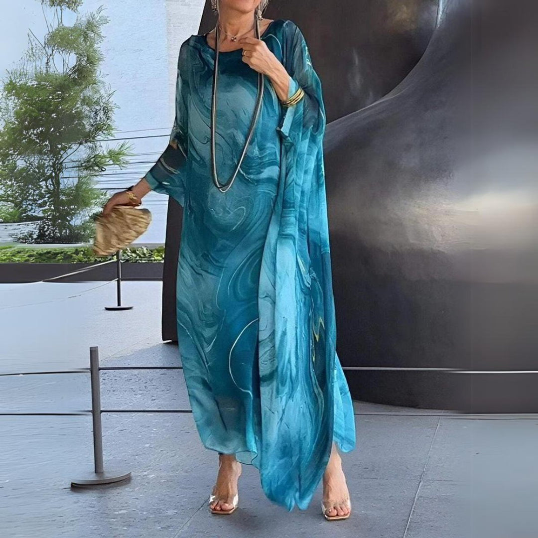 Women's Flowing Batwing Maxi Long Sleeve Dress Round Neck - Blue