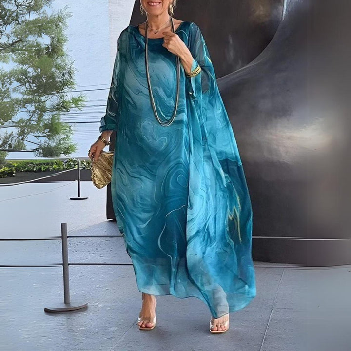 Women's Flowing Batwing Maxi Long Sleeve Dress Round Neck