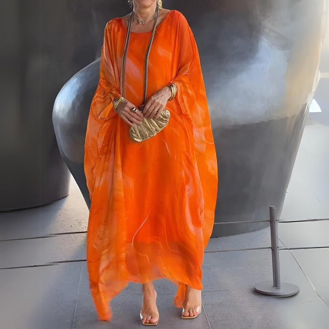 Women's Flowing Batwing Maxi Long Sleeve Dress Round Neck - Orange