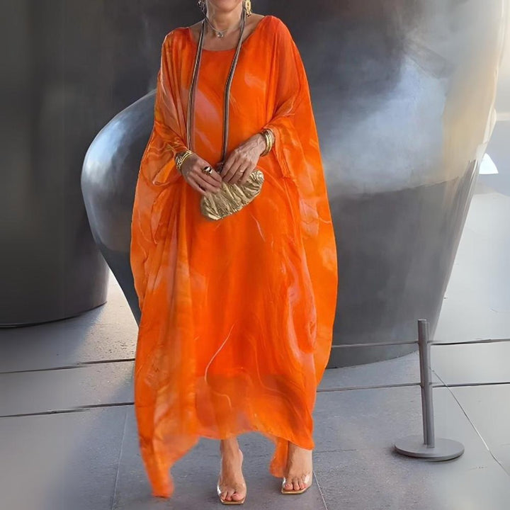 Women's Flowing Batwing Maxi Long Sleeve Dress Round Neck - Orange