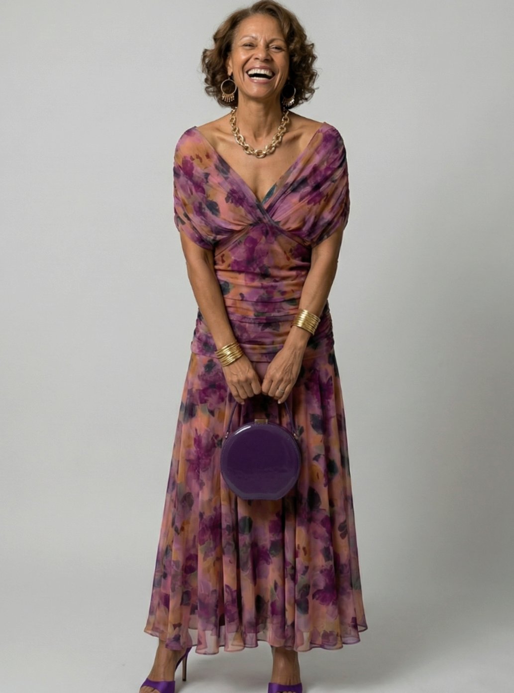 Women's Flowy Midi Dress Draped V-Neck Off-Shoulder Floral Chiffon - Purple