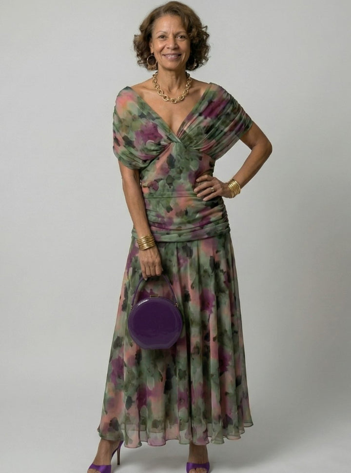 Women's Flowy Midi Dress Draped V-Neck Off-Shoulder Floral Chiffon - Multicolor