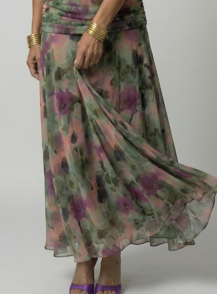 Women's Flowy Midi Dress Draped V-Neck Off-Shoulder Floral Chiffon