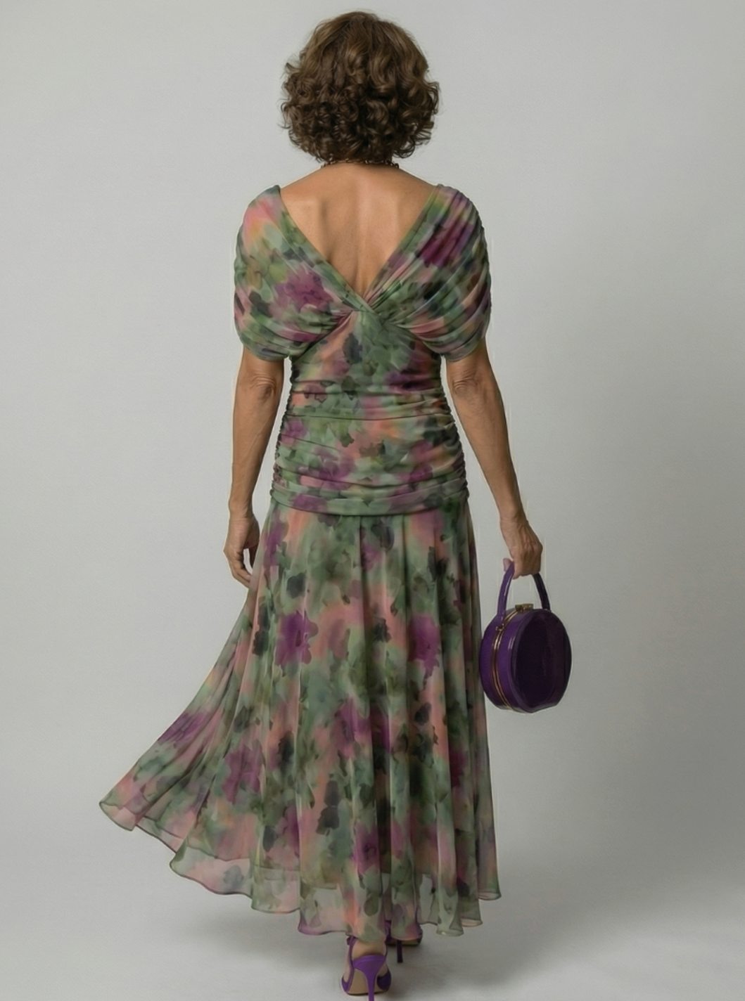 Women's Flowy Midi Dress Draped V-Neck Off-Shoulder Floral Chiffon