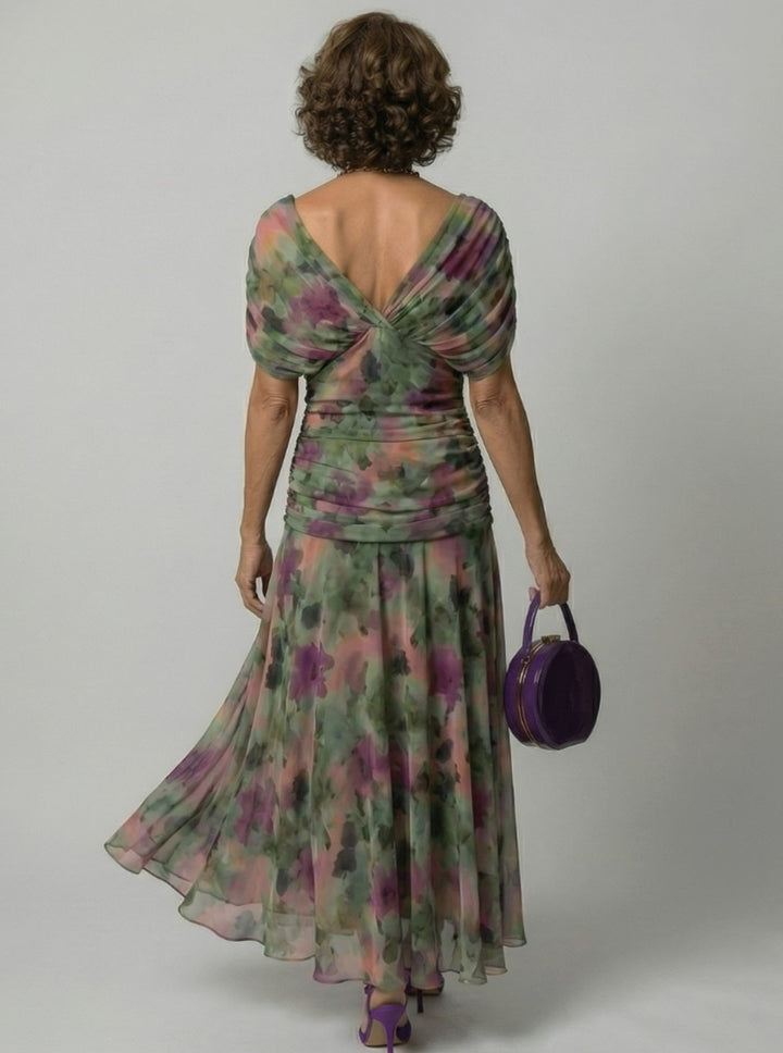 Women's Flowy Midi Dress Draped V-Neck Off-Shoulder Floral Chiffon