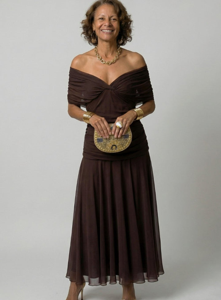 Women's Flowy Midi Dress Draped V-Neck Off-Shoulder Floral Chiffon - Brown