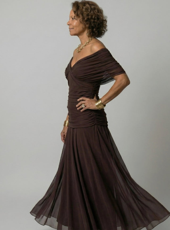 Women's Flowy Midi Dress Draped V-Neck Off-Shoulder Floral Chiffon
