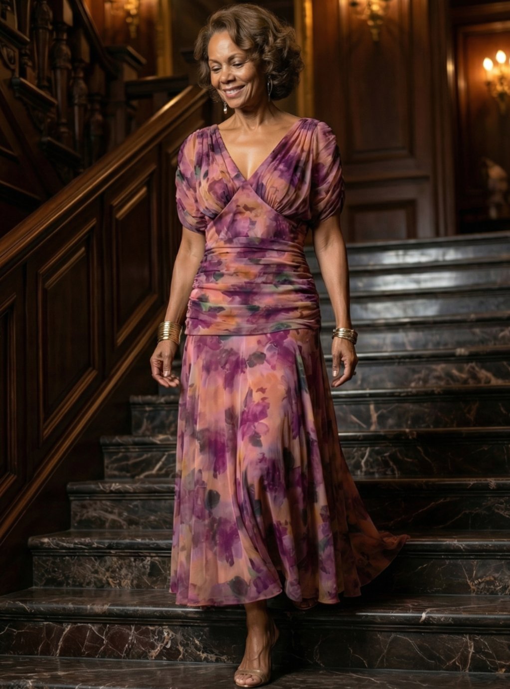 Women's Flowy Midi Dress Draped V-Neck Off-Shoulder Floral Chiffon