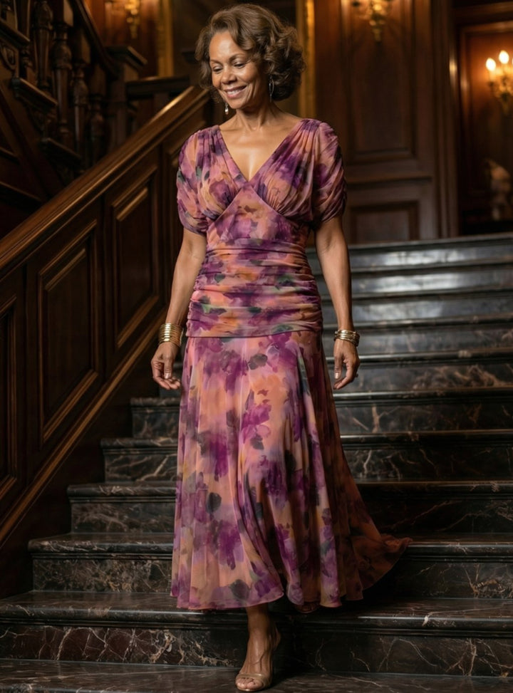 Women's Flowy Midi Dress Draped V-Neck Off-Shoulder Floral Chiffon