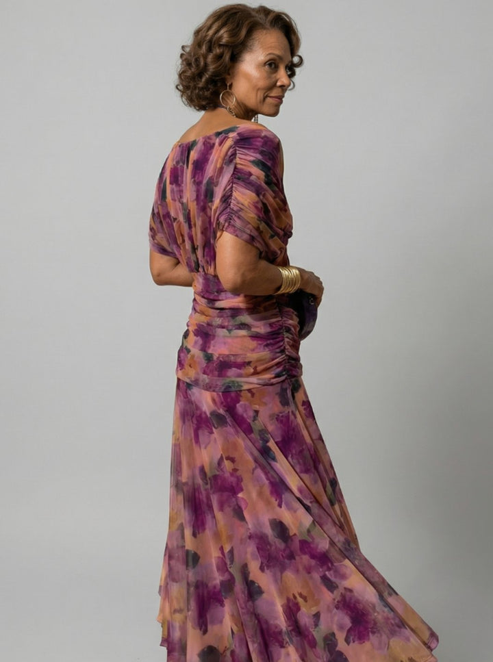 Women's Flowy Midi Dress Draped V-Neck Off-Shoulder Floral Chiffon