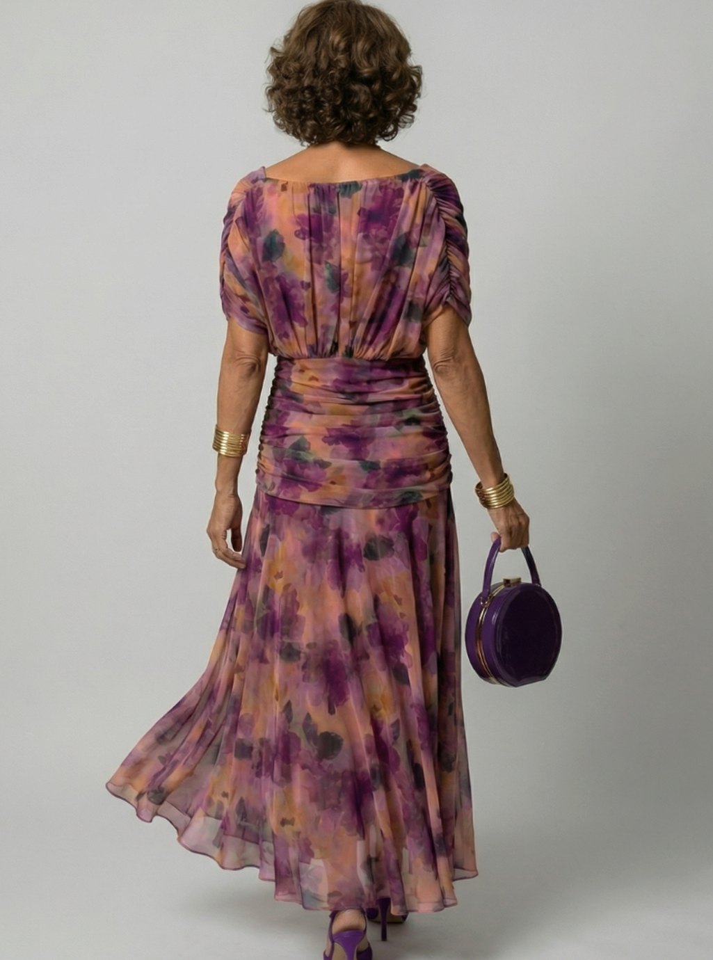 Women's Flowy Midi Dress Draped V-Neck Off-Shoulder Floral Chiffon
