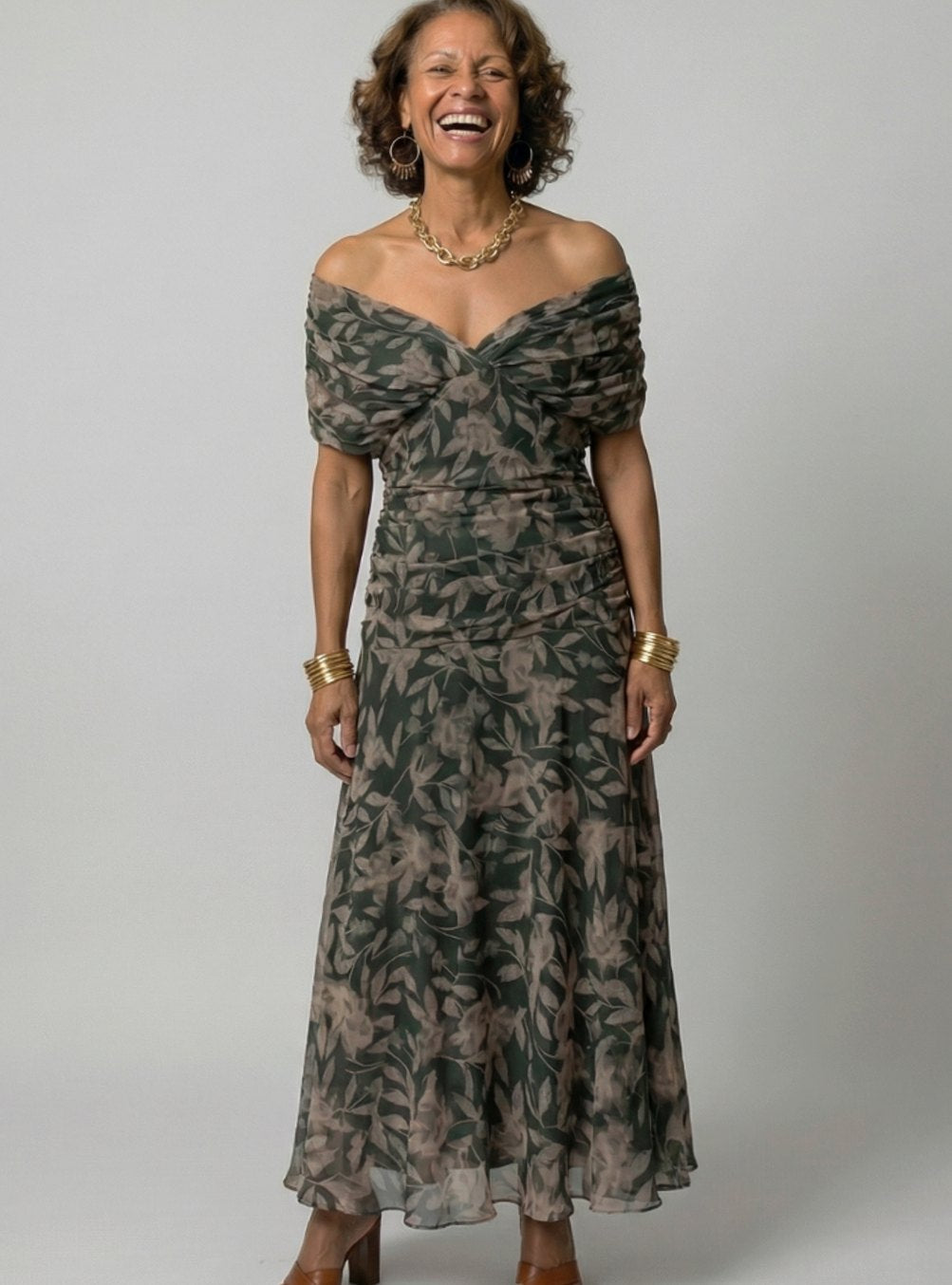 Women's Flowy Midi Dress Draped V-Neck Off-Shoulder Floral Chiffon - Dark Green