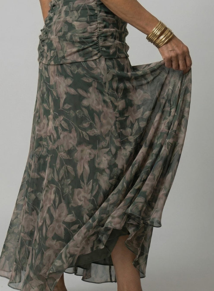 Women's Flowy Midi Dress Draped V-Neck Off-Shoulder Floral Chiffon