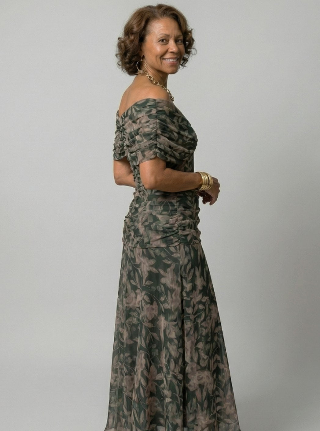 Women's Flowy Midi Dress Draped V-Neck Off-Shoulder Floral Chiffon