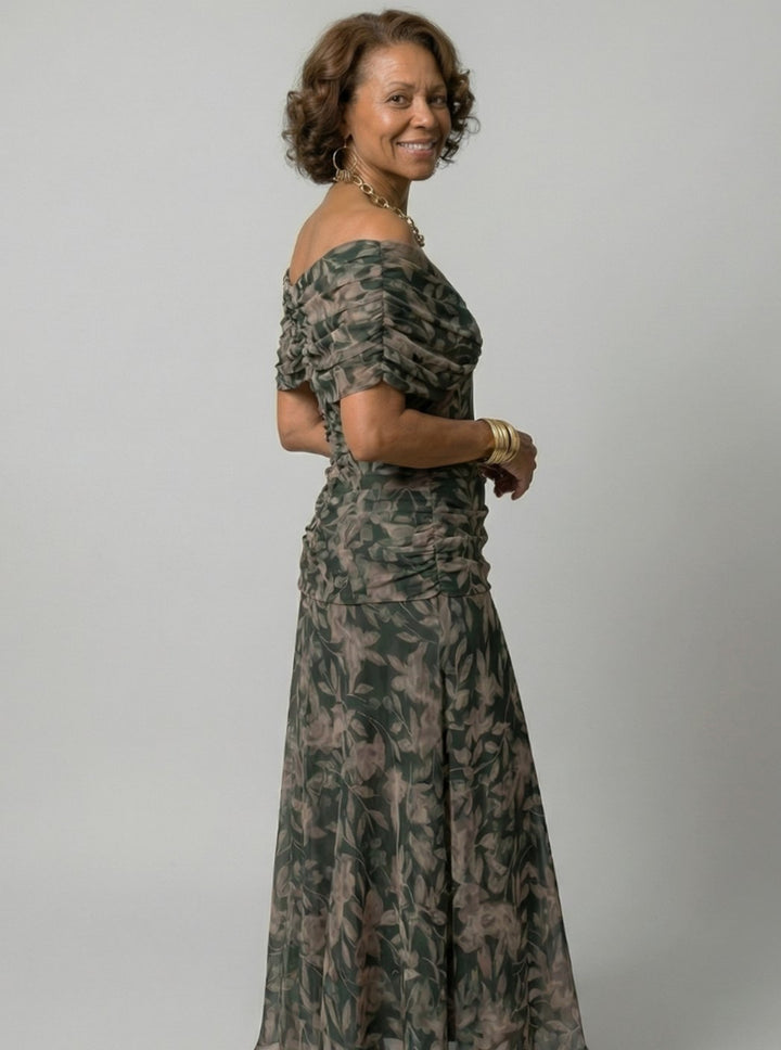 Women's Flowy Midi Dress Draped V-Neck Off-Shoulder Floral Chiffon