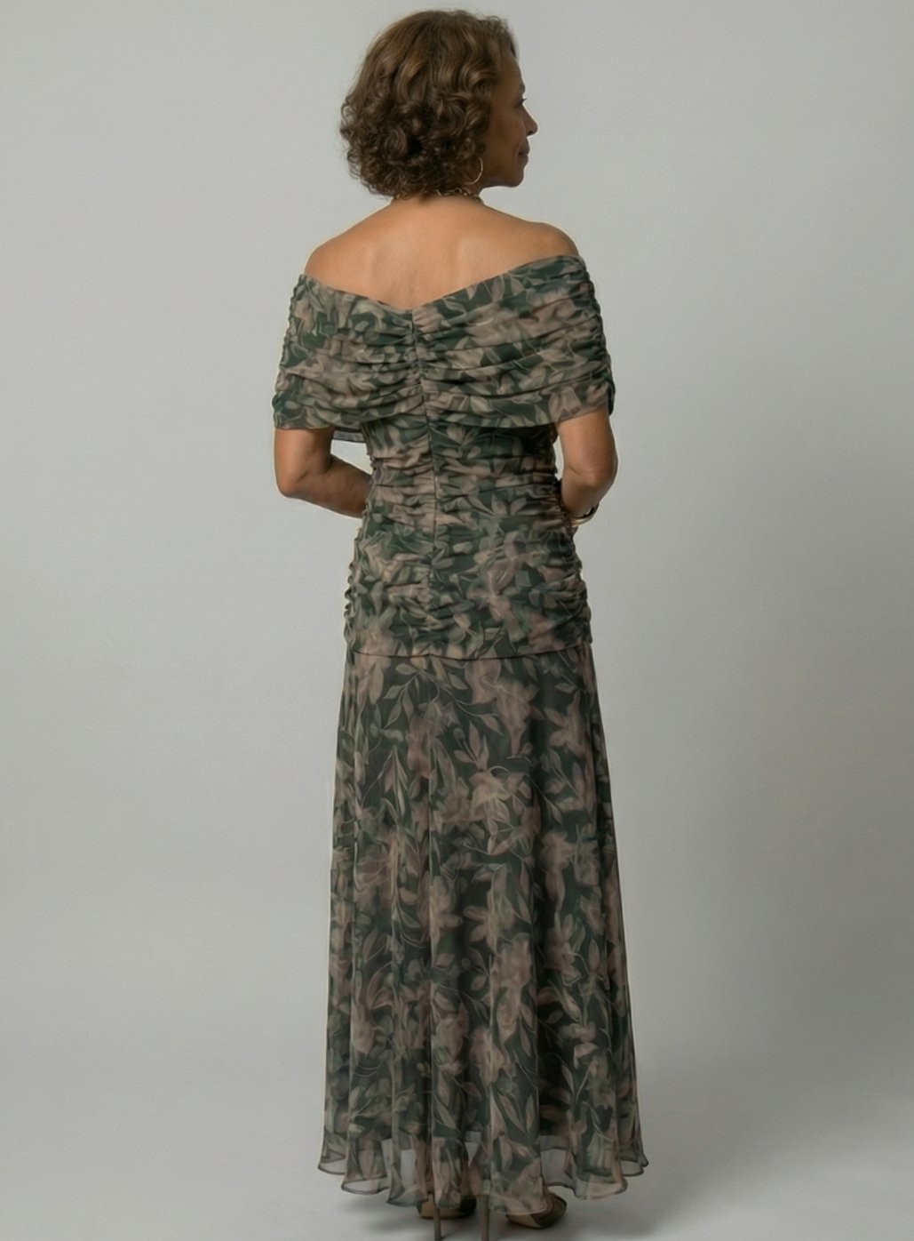 Women's Flowy Midi Dress Draped V-Neck Off-Shoulder Floral Chiffon
