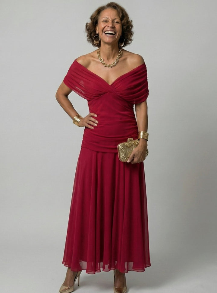 Women's Flowy Midi Dress Draped V-Neck Off-Shoulder Floral Chiffon - Red