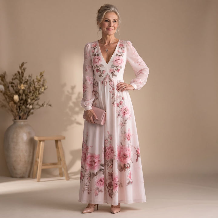 Women's Flowy Midi Long Sleeve Dress Floral V-Neck - Floral