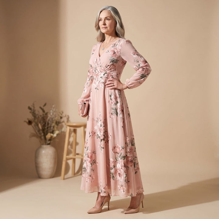 Women's Flowy Midi Long Sleeve Dress Floral V-Neck