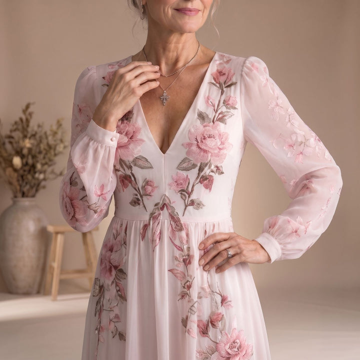 Women's Flowy Midi Long Sleeve Dress Floral V-Neck